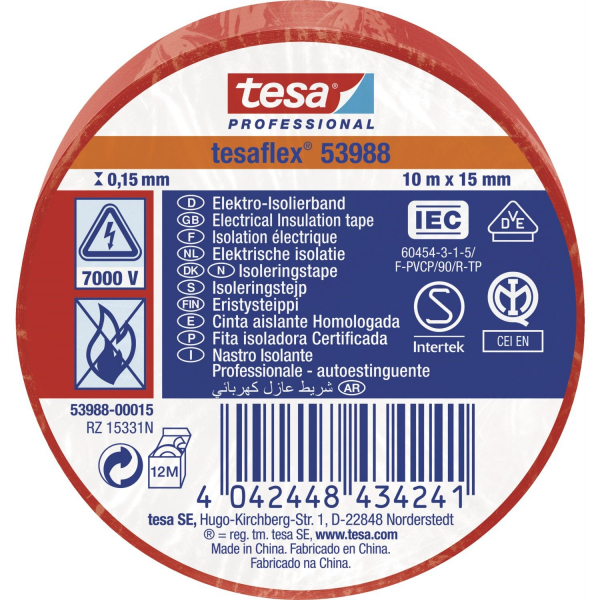 Tesa Isoleringstape tesaflex 53988 i rød 10 m x 15 mm