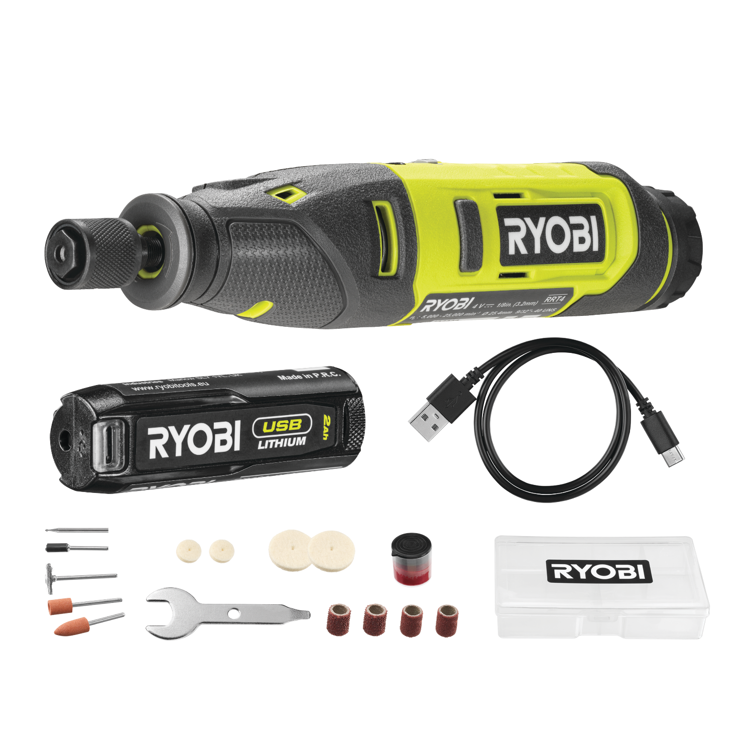 Ryobi RRT4-120GA15 4V USB Lithium Roterende multiværktøj med 2,0Ah batteri og ladekabel