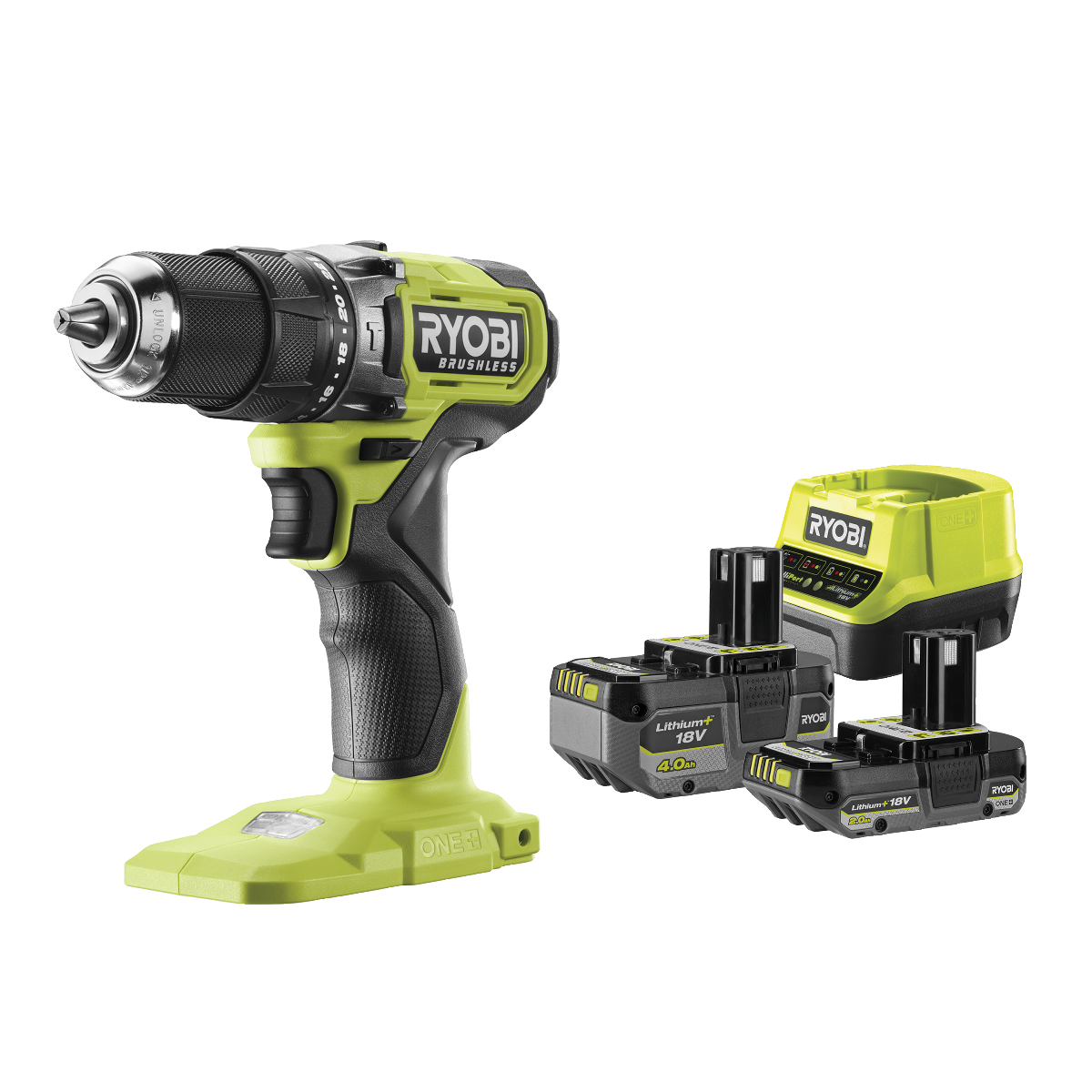 Ryobi RPD18BL1-2C42S ONE+ 18V Slagbore-/skruemaskine med 4,0/2,0Ah batteri og lader