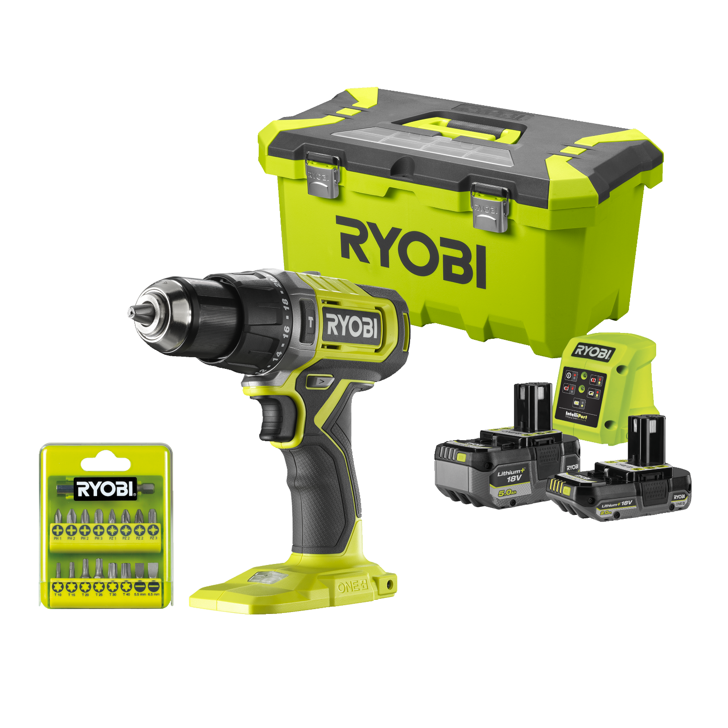 Ryobi RPD18-252TA17 ONE+ 18V Slagbore-/skruemaskine med 2,0 og 5,0Ah batteri samt lader