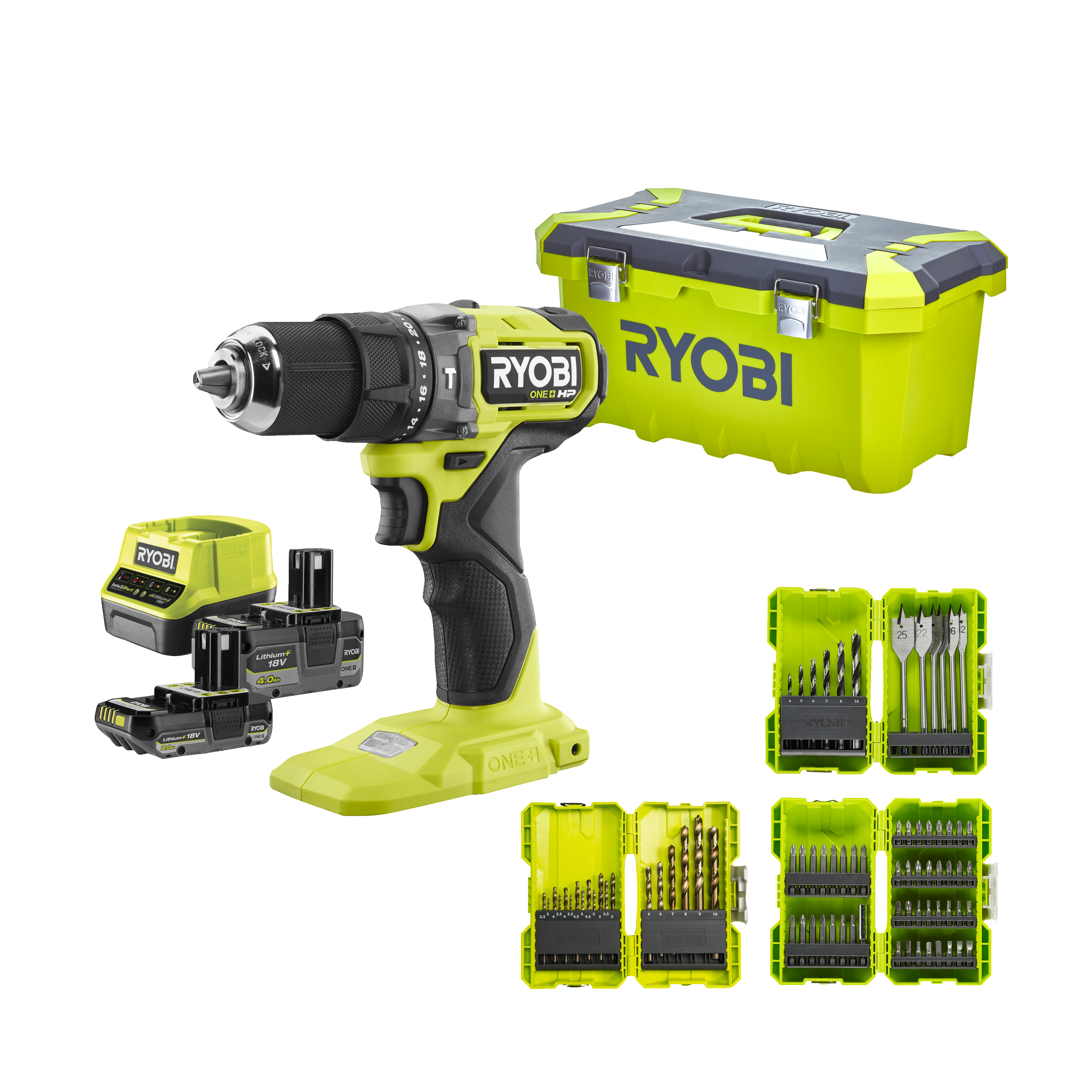 Ryobi RPD18C-2C42TA79 ONE+ 18V HP Slagbore-/skruemaskine med 2 stk. batteri, lader, bit- og borsæt