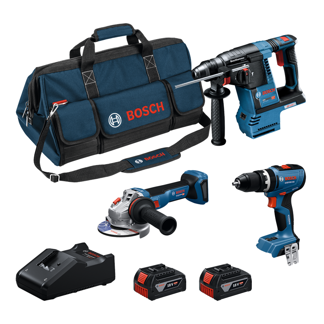 Bosch Professional 18V GSB+GBH+GWS Elværktøjssæt med 2 stk. 5,0Ah batteri og GAL18V-40 lader