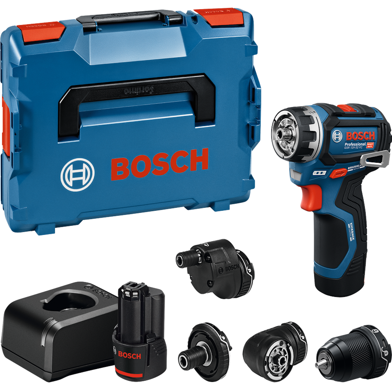 Bosch Professional GSR 12V-32 FC Bore-/skruemaskine med 2 stk. 2,0Ah batteri, lader, bitholder-, excenter-, metalborepatron- og vinkelforsatser og L-