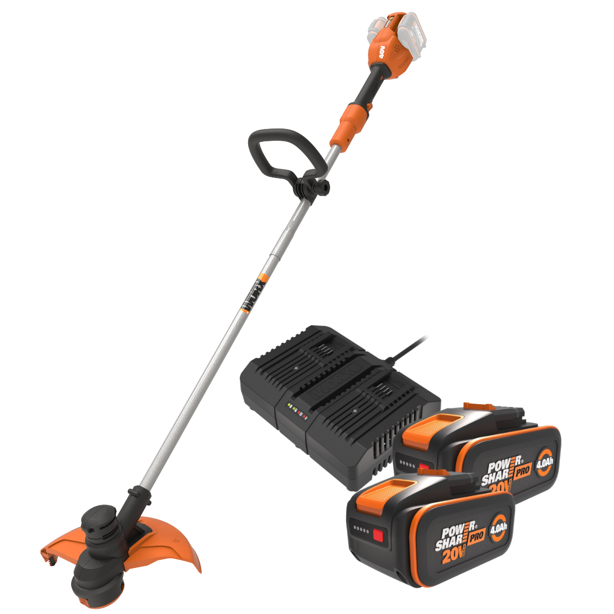Worx WG183E PowerShare 20V Græstrimmer 2x20V med 2 stk. 4,0Ah batteri og dobbeltlader