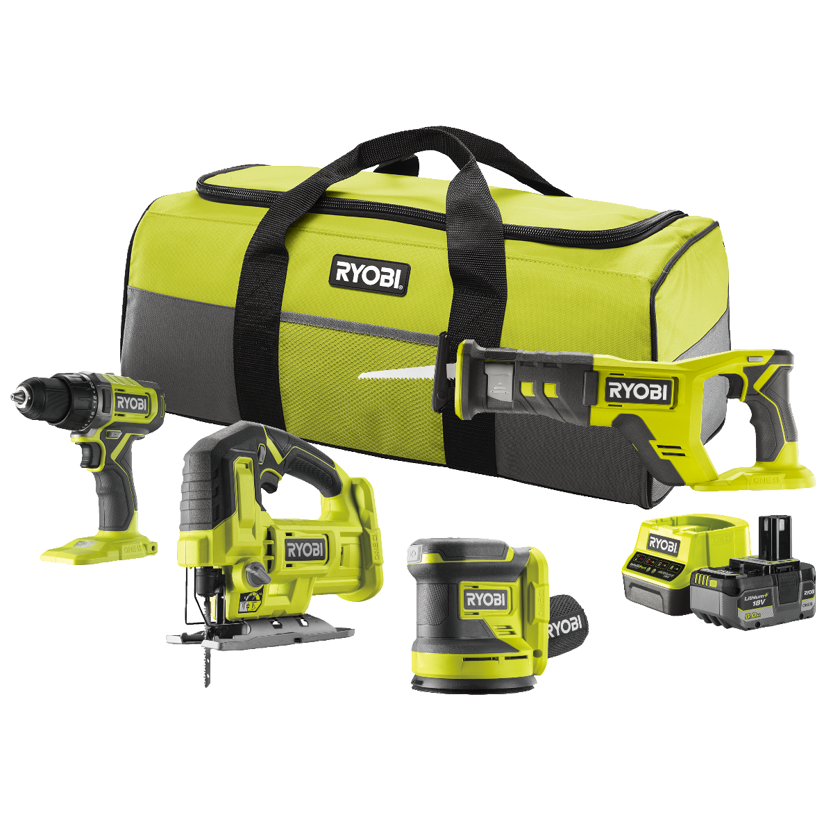 Ryobi RCK184-150S ONE+ 18V Elværktøjssæt med 5,0Ah batteri, lader og taske