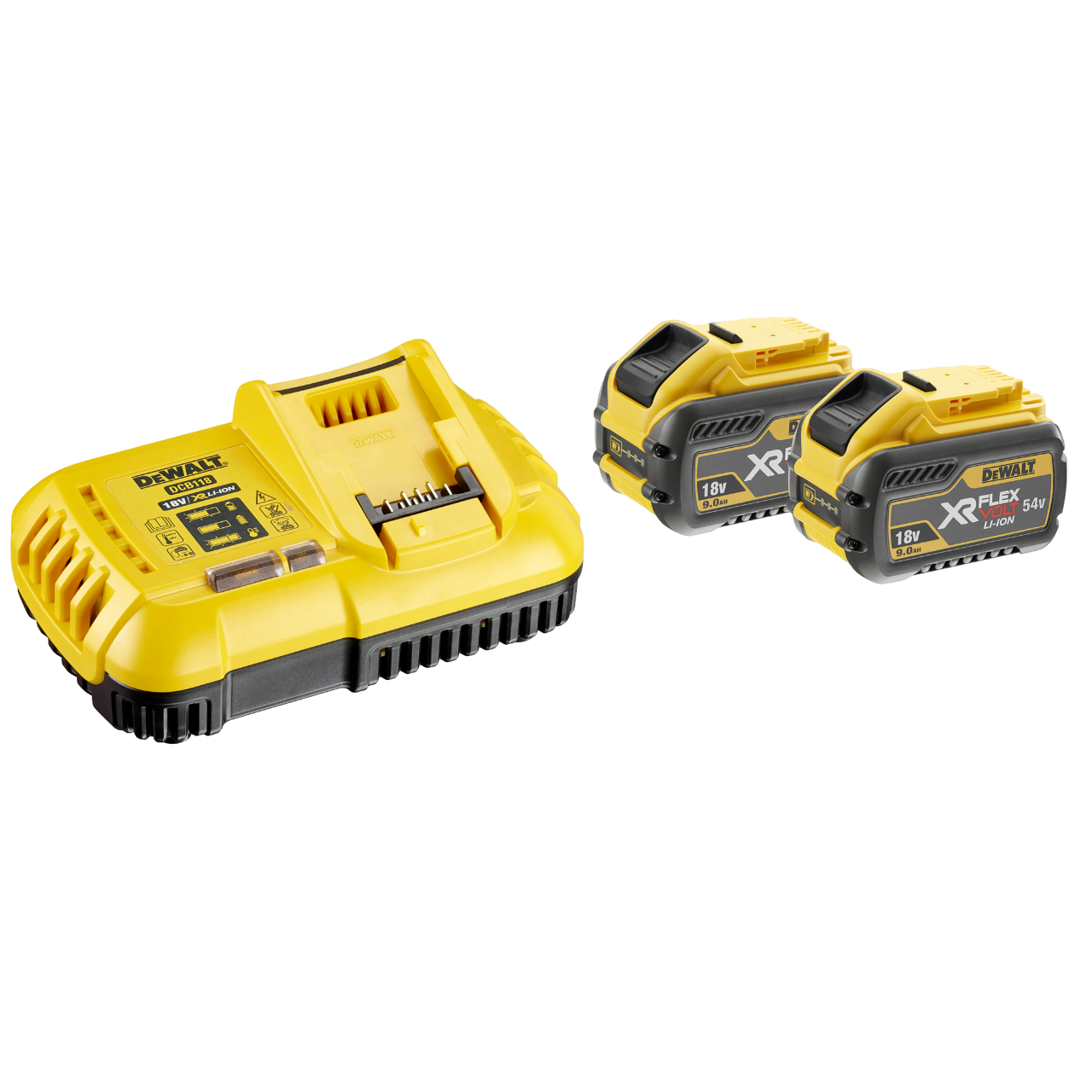 DeWALT DCB118X2-QW 18/54V XR Flexvolt hurtiglader og 2 batterier