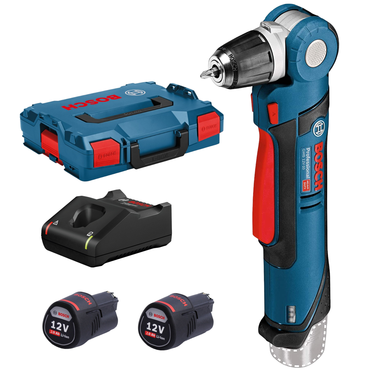 Bosch Professional GWB 12V-10 Vinkel bore-/skruemaskine med 2 stk. 2,0Ah batteri, lader og L-BOXX