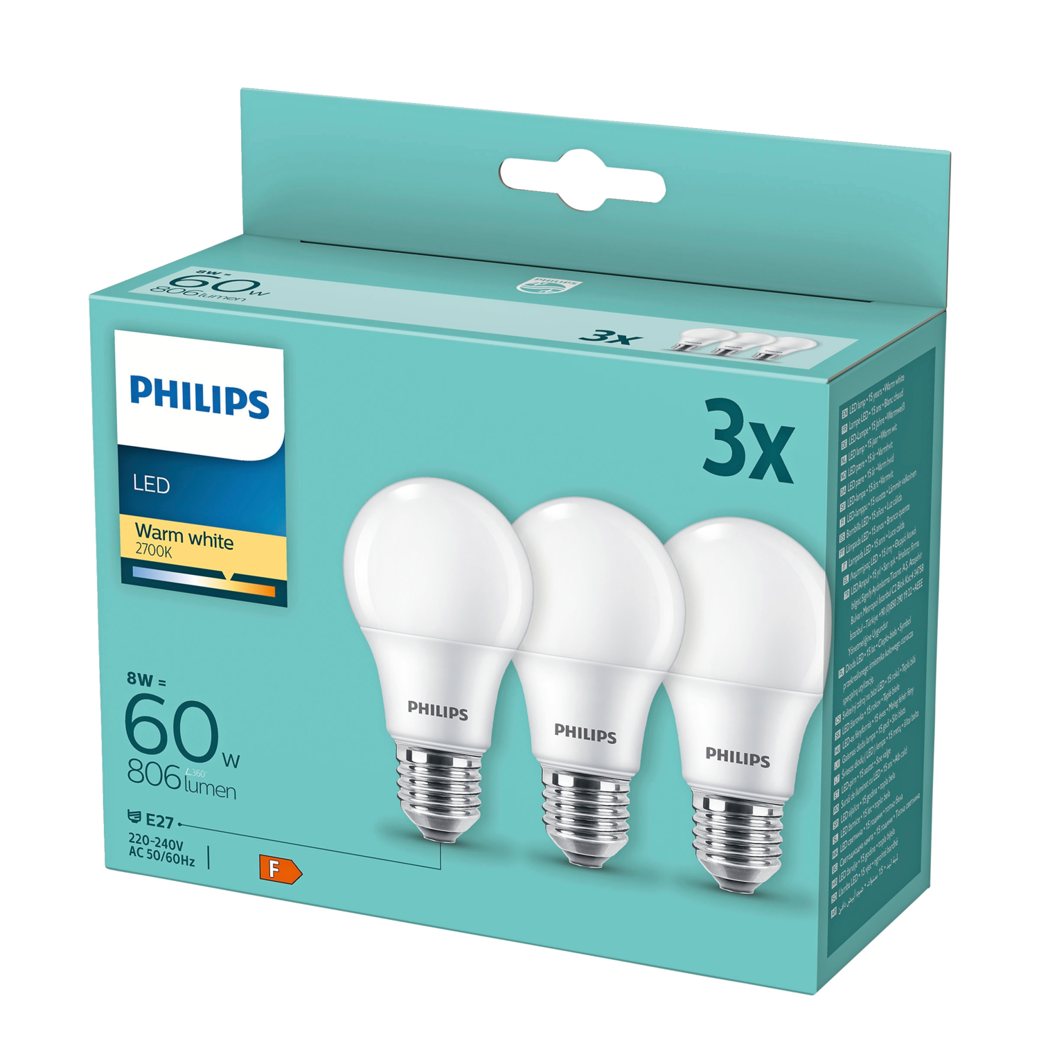 Philips E27 8W 2700K 806lm LED Pære - 3 stk.