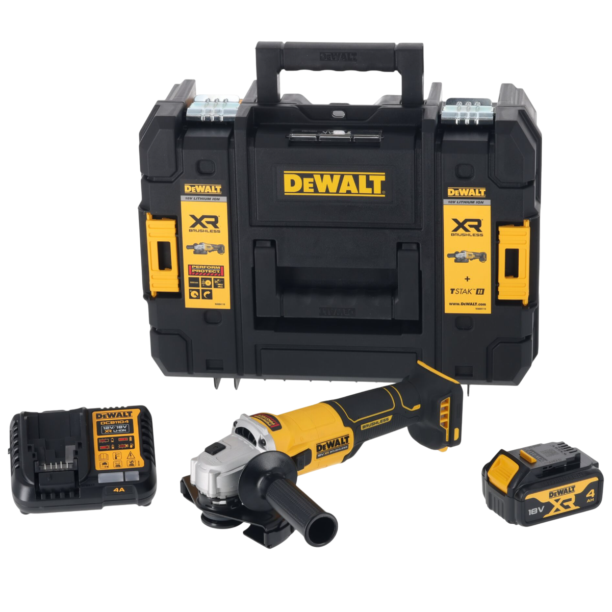 Dewalt DCG407M1T-QW 18V XR Vinkelsliber med 4,0Ah batteri, lader og TSTAK
