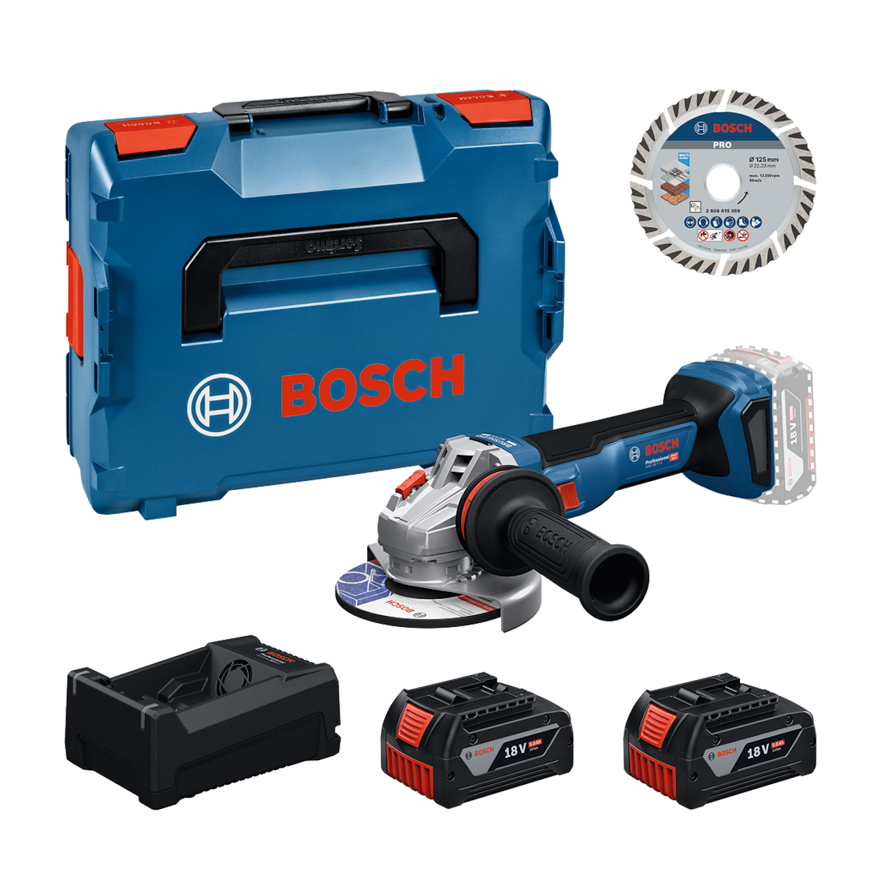 Bosch Professional GWS 18V-11 S Vinkelsliber med 2 stk. GBA 5,0Ah, GAL 12V/18V-80 lader, L-BOXX 136 og skæreskive