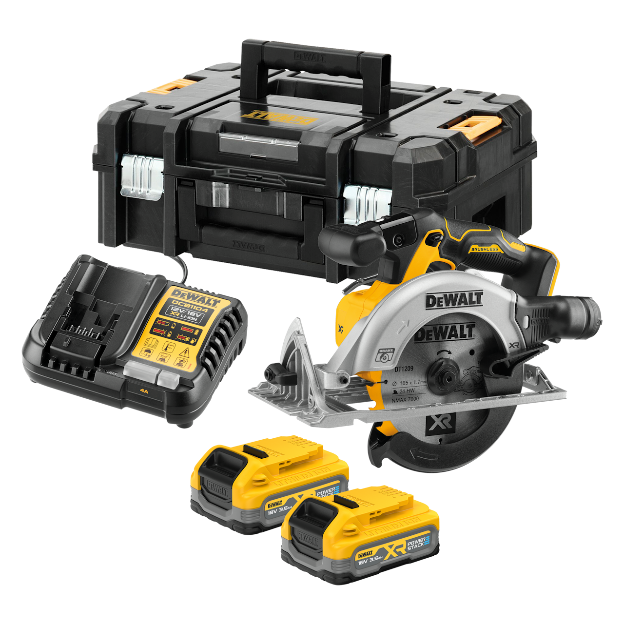 Dewalt DCS565S2T-QW 18V XR Rundsav med 2 stk. 3,5Ah PowerStack batteri, lader og TSTAK