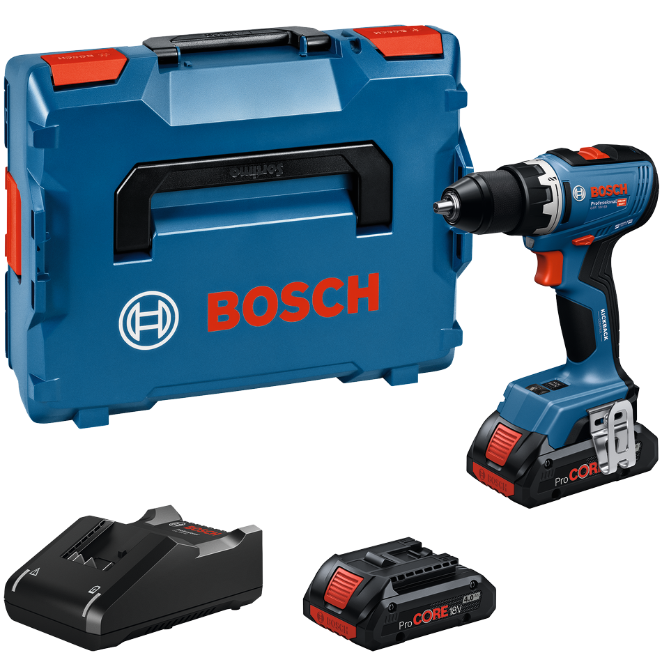 Bosch Professional GSR 18V-65 Bore-/skruemaskine med 2 stk. ProCORE 4,0Ah batteri, hurtiglader og L-BOXX