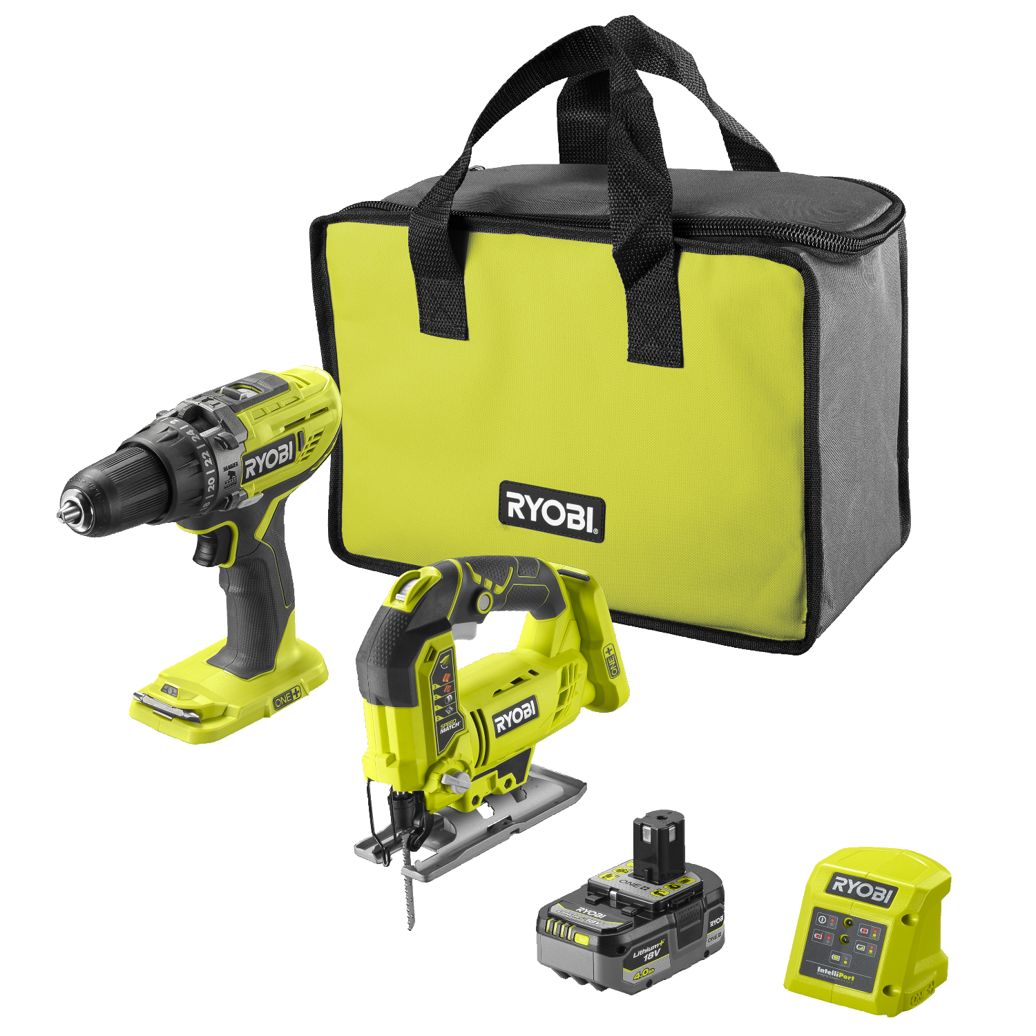 Ryobi R18CK2PJ-1X40S ONE+ 18V Elværktøjssæt med batteri og lader