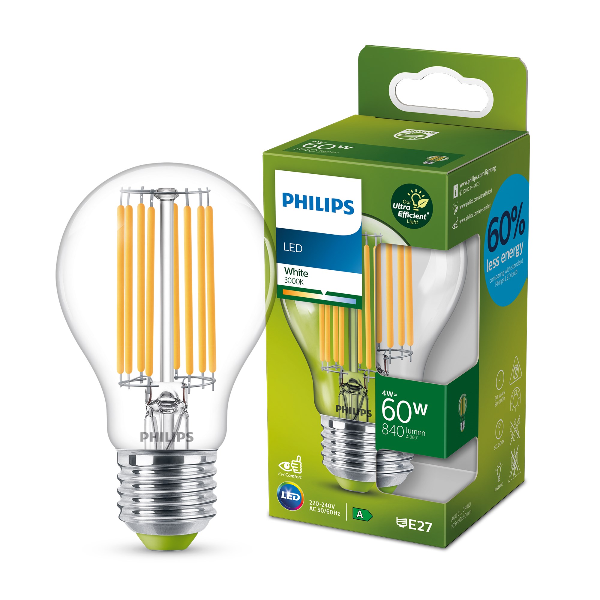 Philips E27 Utrolig Energibesparende LED Pære 4W A70 3000K 840lm