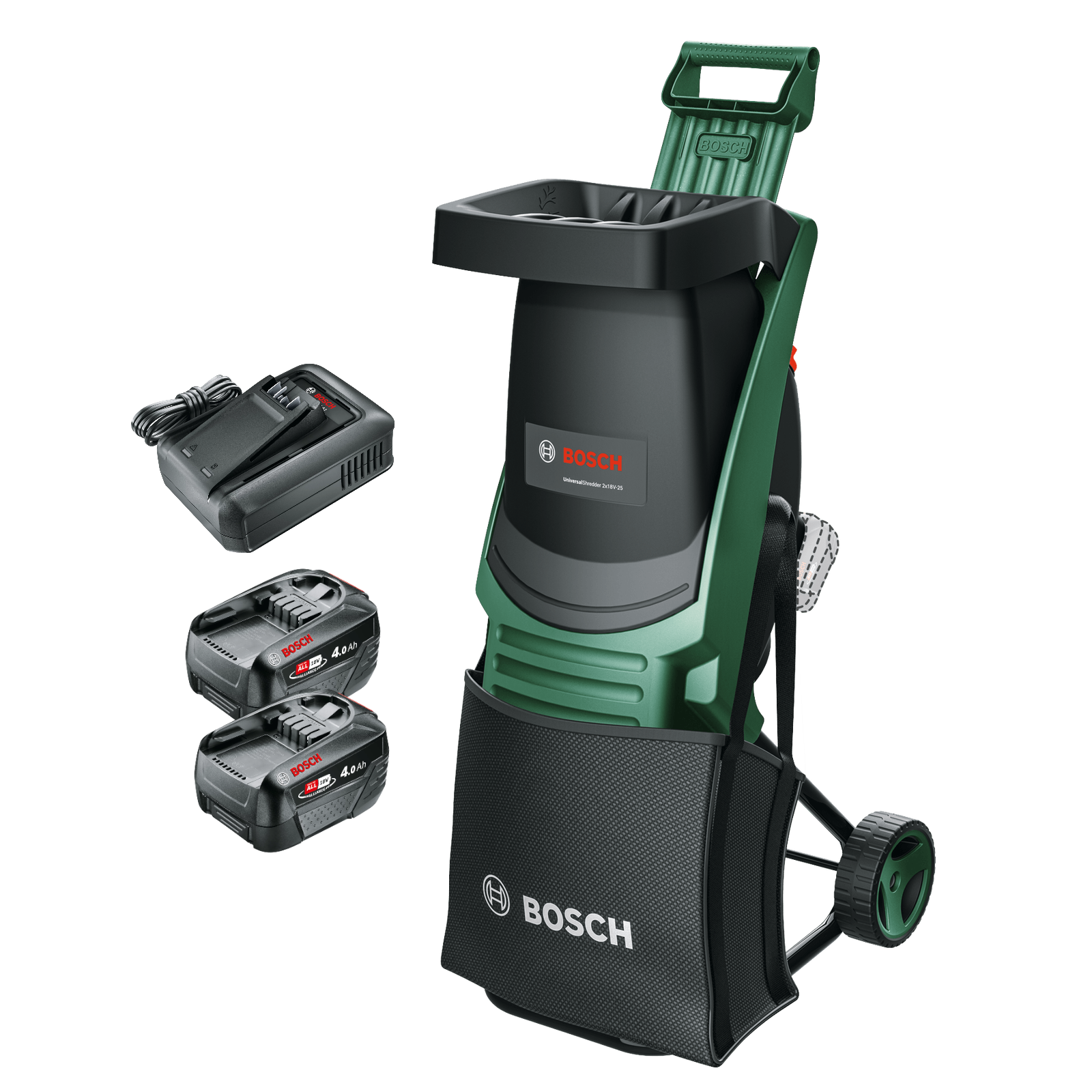 Bosch UniversalShredder 2x18V-25 Kompostkværn med 2 stk. 4,0Ah batteri og lader