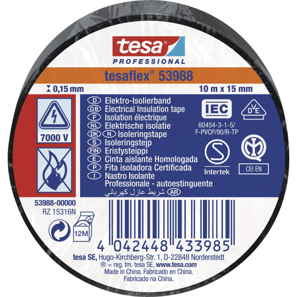 Tesa Isoleringstape tesaflex 53988 i sort 10 m x 15 mm