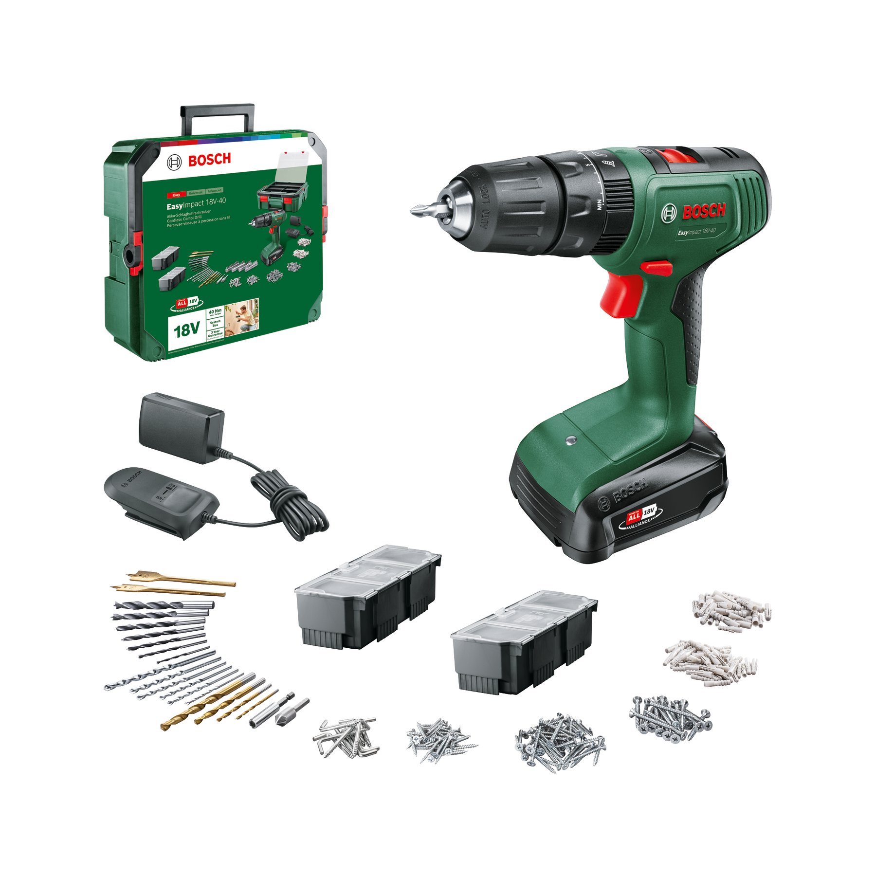 Bosch EasyImpact 18V-40 Slagbore-/skruemaskine med 1,5Ah batteri, lader og SystemBox