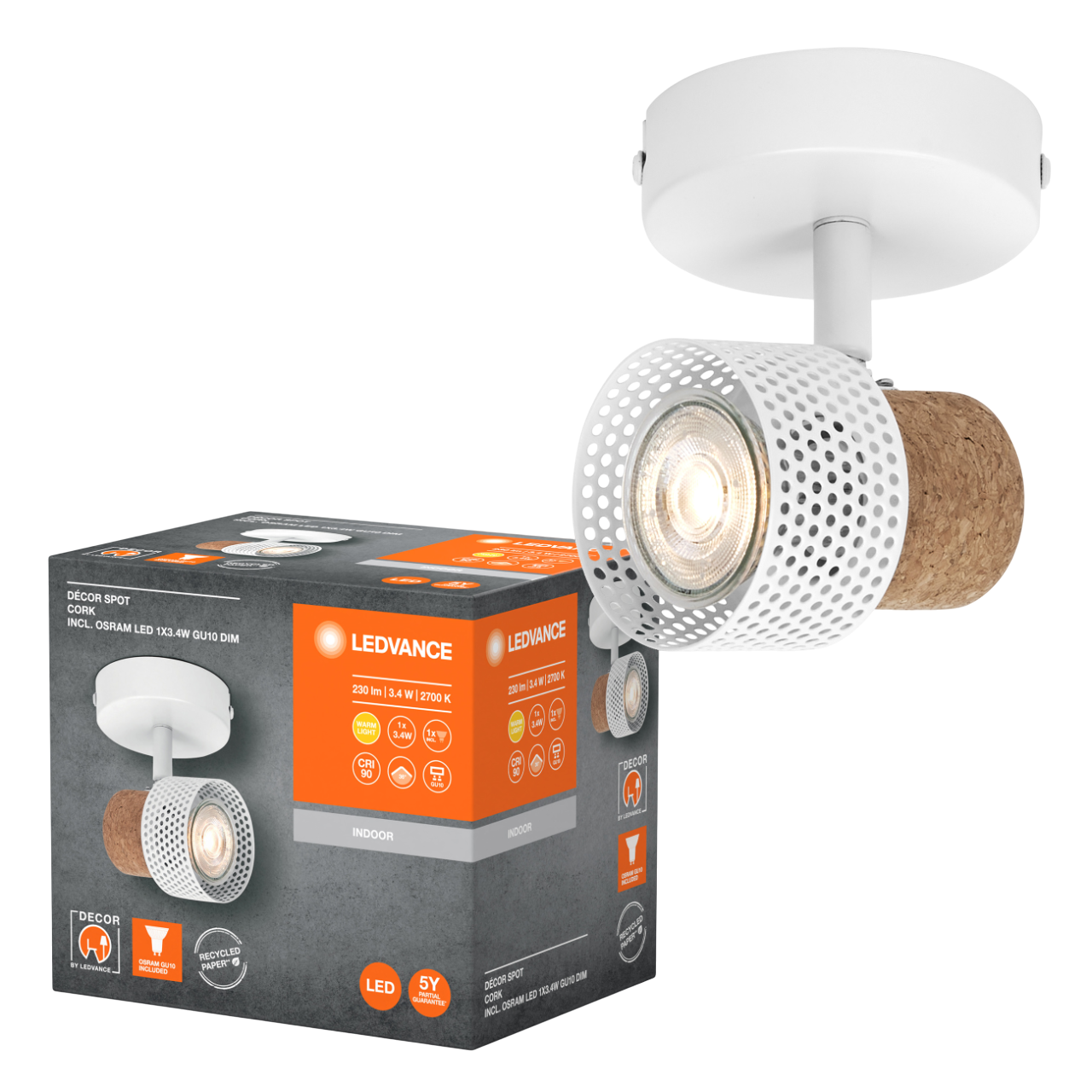 LEDVANCE Decor Cork 1 Spotlampe i hvid/kork