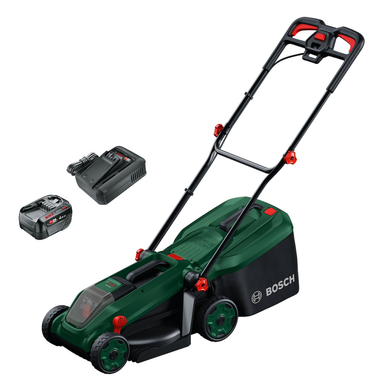 Bosch Rotak 18V-34 Batteridrevet plæneklipper med 4,0Ah batteri og lader