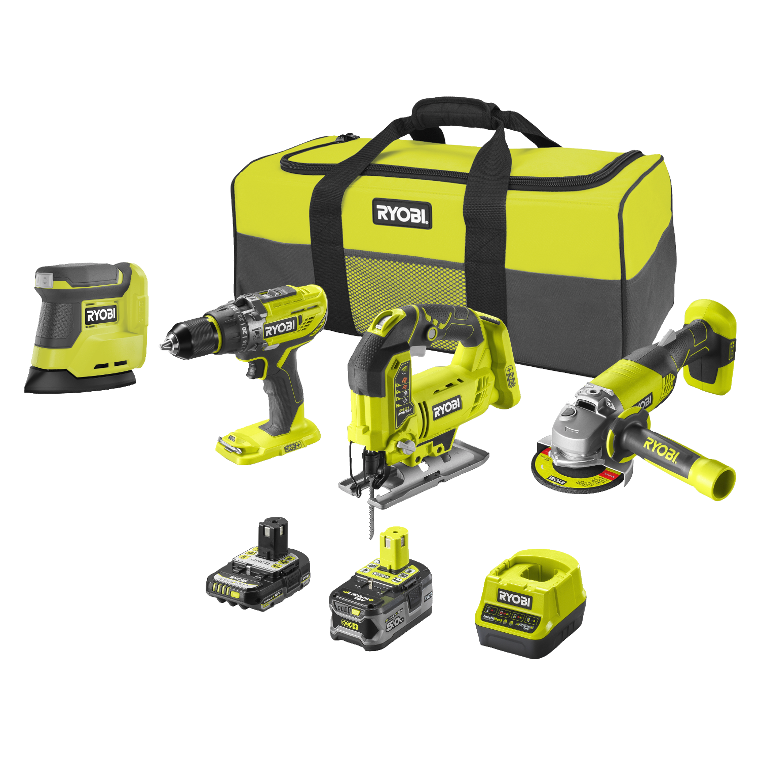 Ryobi R18CK4F-252S ONE+ 18V Elværktøjssæt med 2 stk. batteri, lader og værktøjstaske