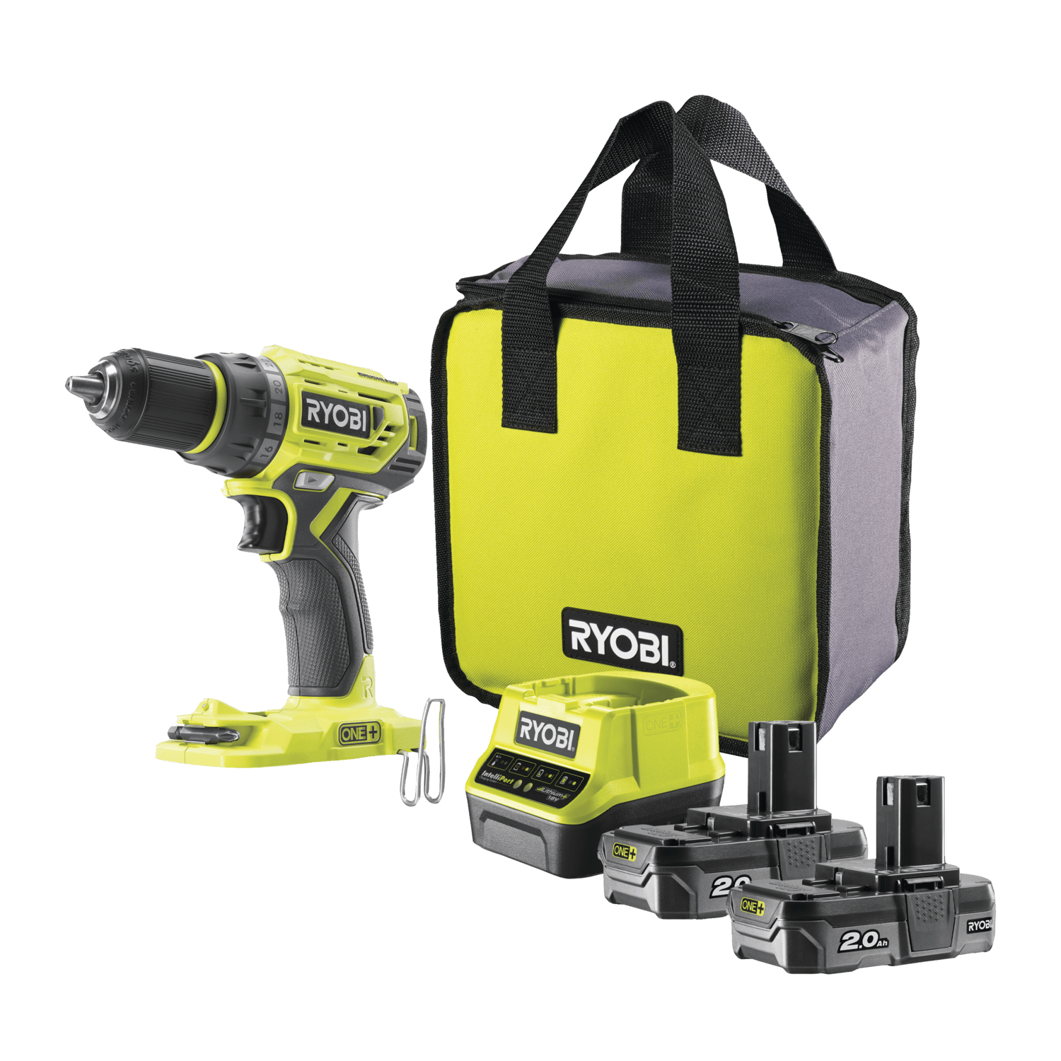 Ryobi R18DD7-220S ONE+ 18V Bore-/skruemaskine med 2 stk. 2,0Ah batteri og lader