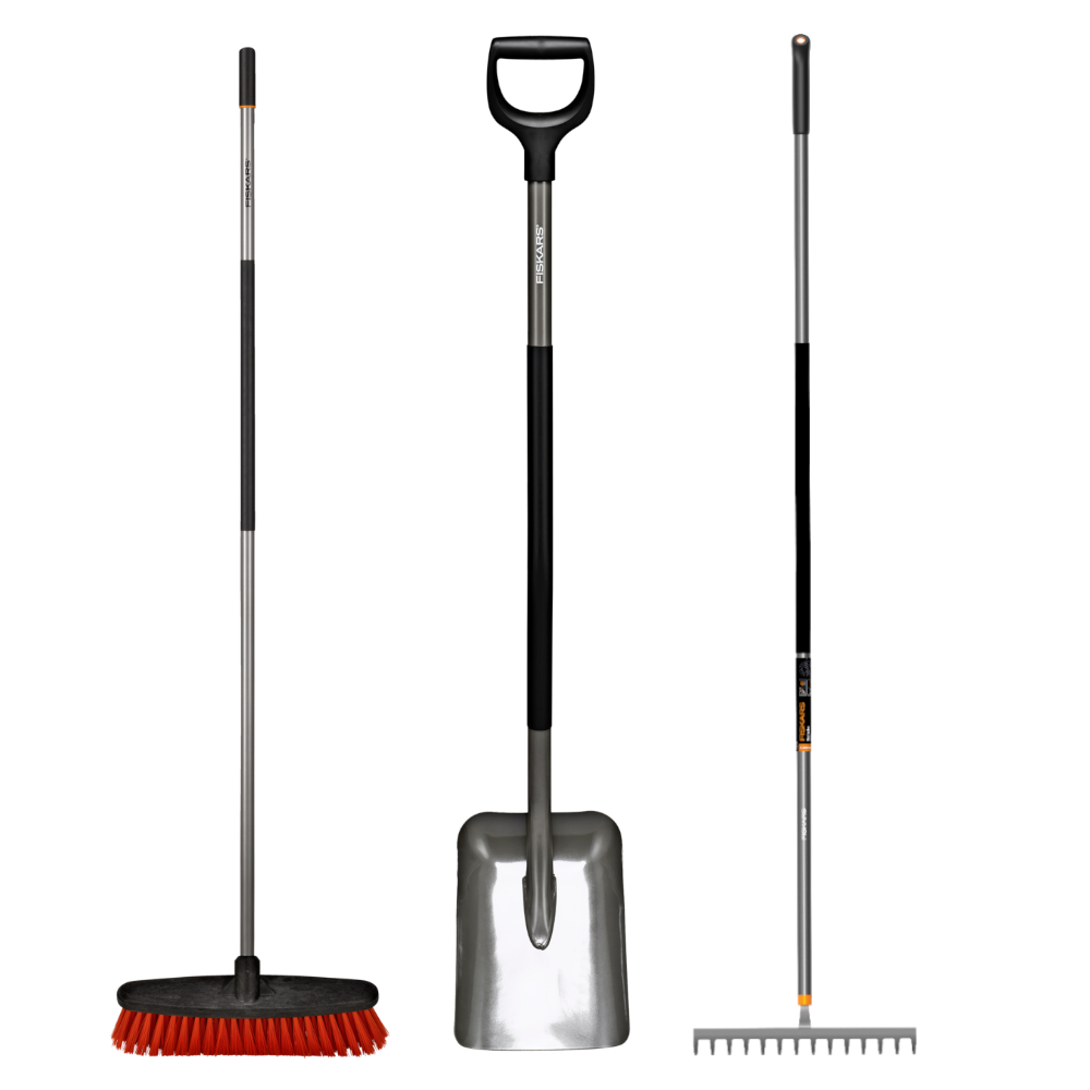 Fiskars Ergonomic Havesæt med kost, skovl og haverive