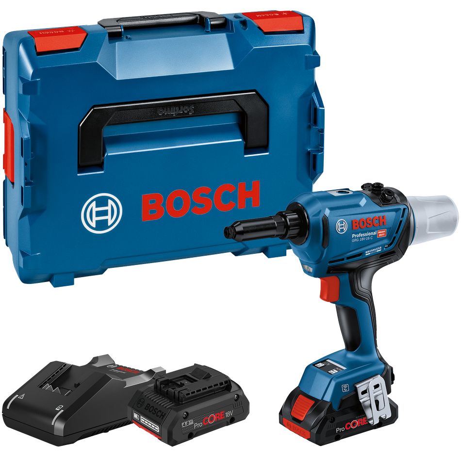 Bosch Professional GRG 18V-16 C Popnittepistol med 2 stk. 4,0Ah ProCORE batteri, hurtiglader og L-BOXX 136