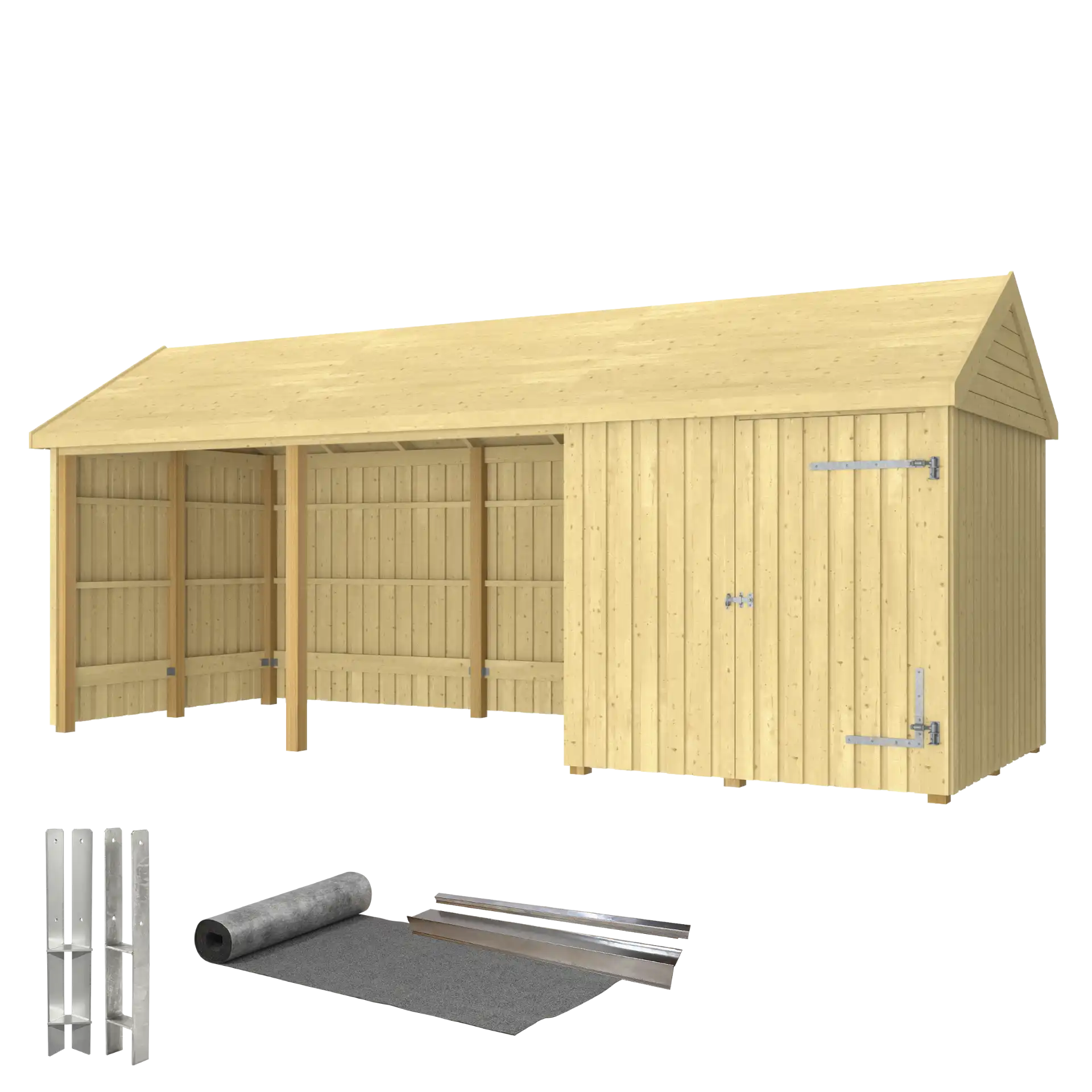 Plus Classic Multi Havehus 14,5 m² 3 moduler m/enkeltdør og åben front inkl. tagpap/alulister/H-stolpefødder