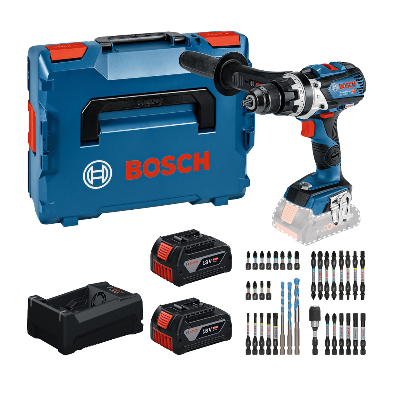 Bosch Professional GSB 18V-110 C Slagbore-/skruemaskine med 2 stk. GBA 5,0Ah batteri, GAL 12V/18V-80 lader, L-BOXX 136 og bitsæt