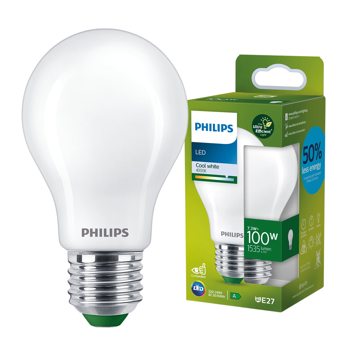 Philips E27 Utrolig Energibesparende LED Pære 7.3W A60 4000K 1535lm