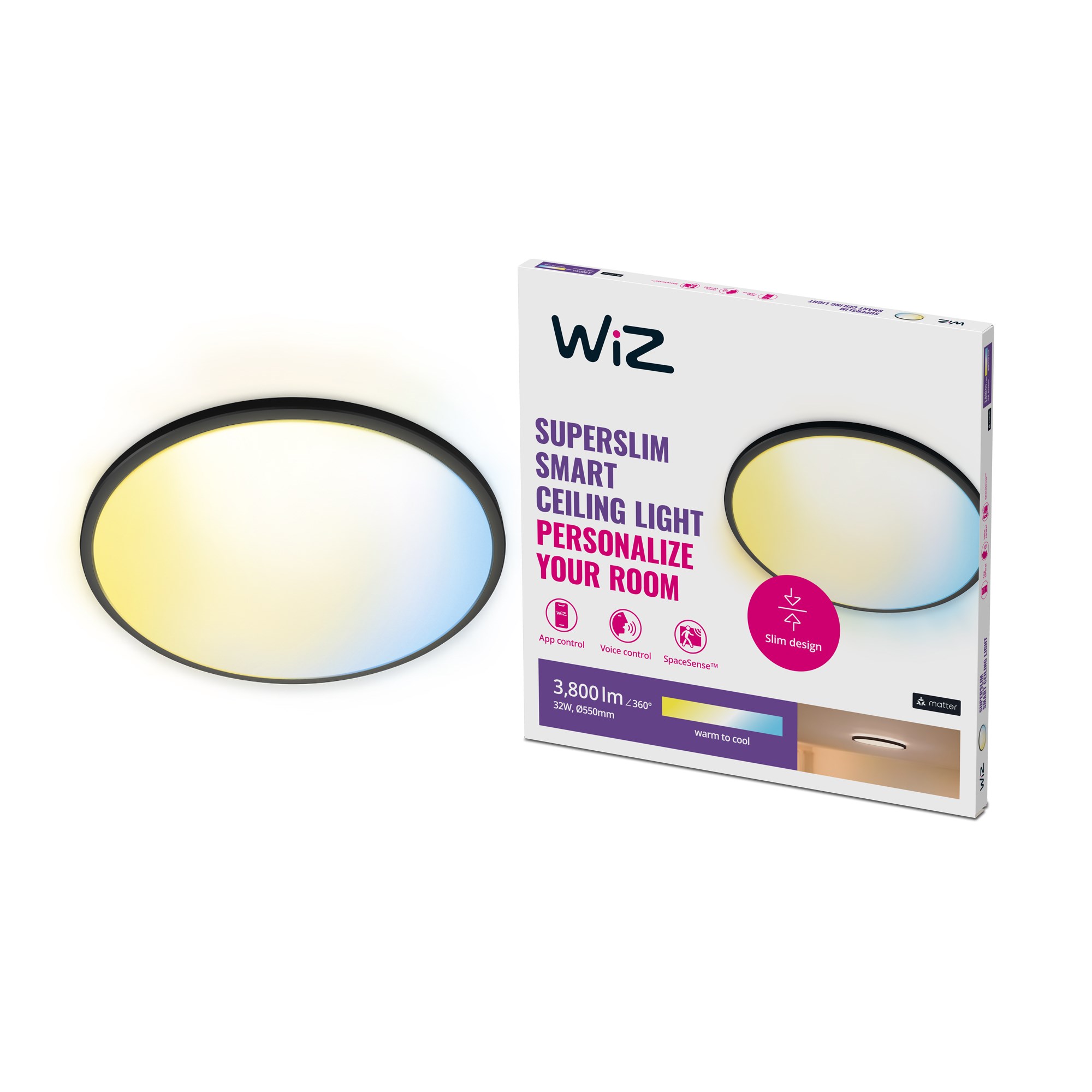 WiZ SuperSlim Tunable White 32W Ø55 Plafond i sort