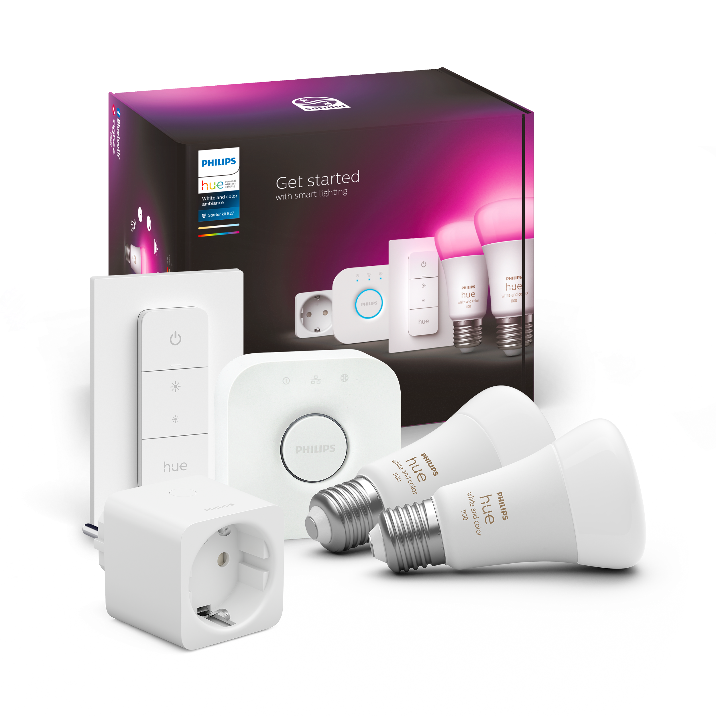 Philips Hue E27 BT White and Color Ambiance 1100 lm - Startsæt 2E27+DS+BR+PL