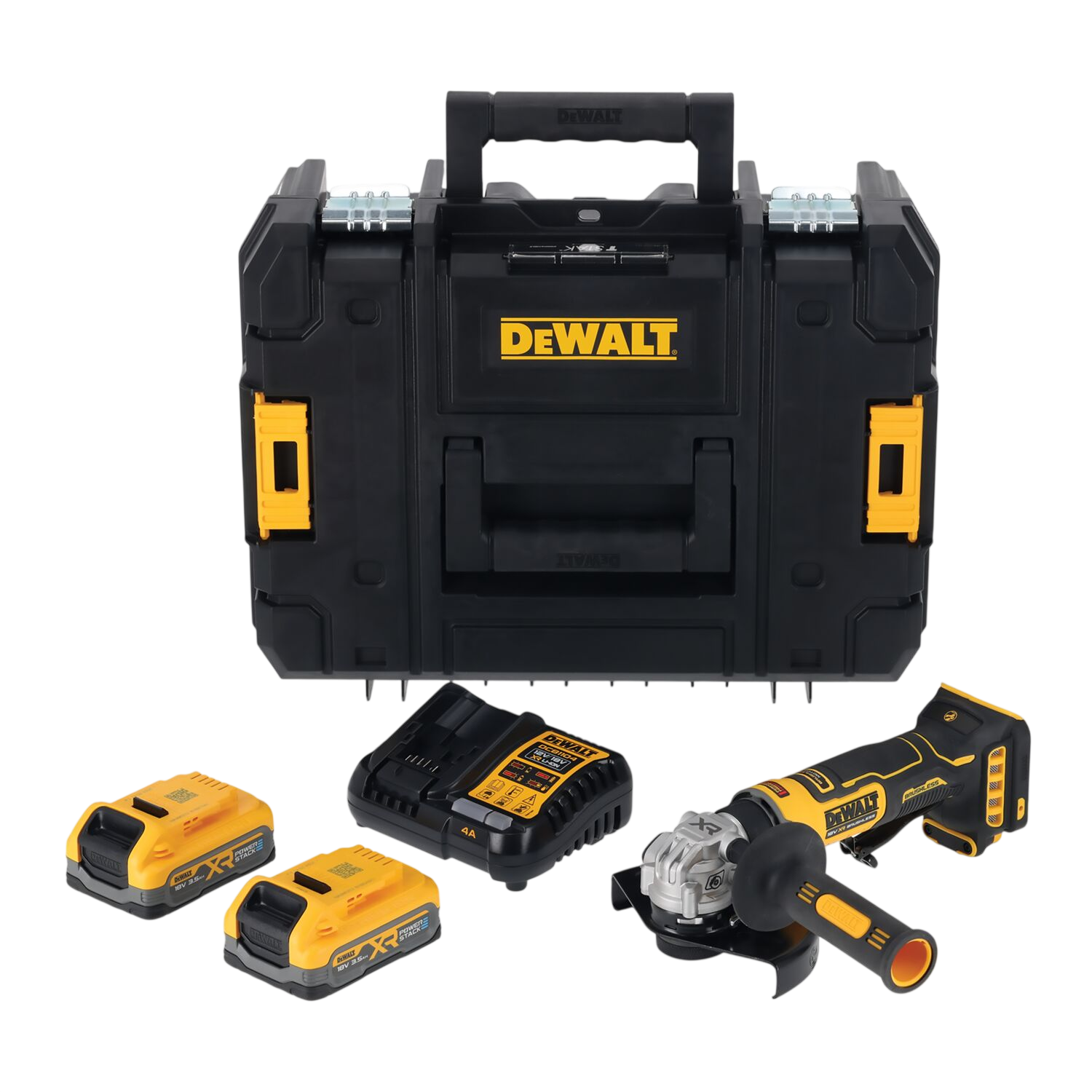 Dewalt DCG404S2T-QW 18V XR Vinkelsliber med 2 stk. 3,5Ah PowerStack batteri, lader og TSTAK