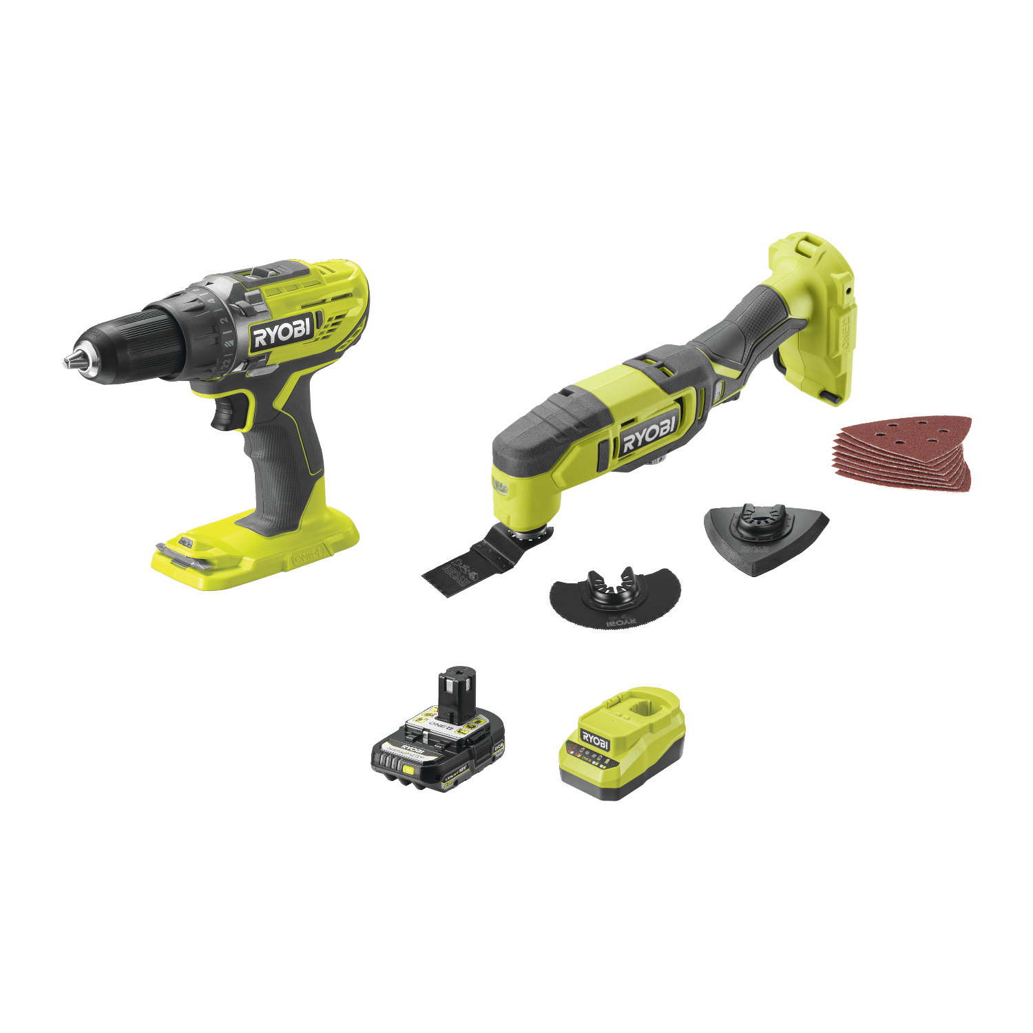 Ryobi R18CK2G-1C20G ONE+ 18V Elværktøjssæt med 2,0Ah batteri og lader