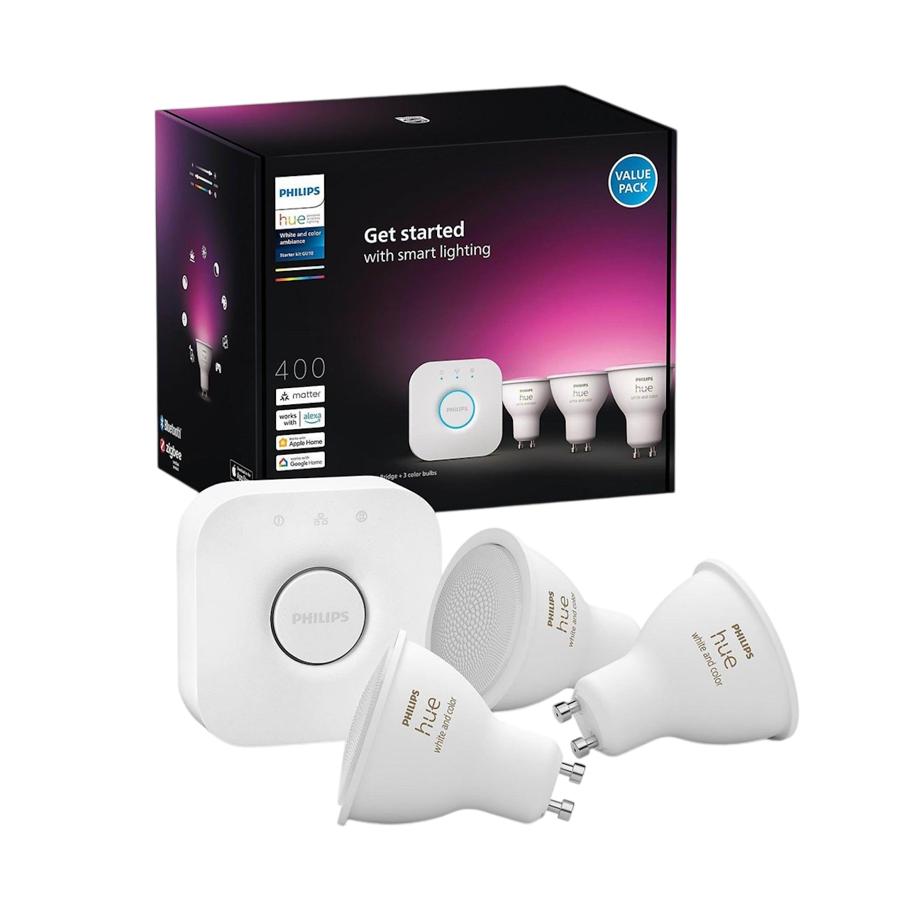 Philips Hue WCA Startsæt med Hue Bridge og 3 stk. GU10 smart LED spots