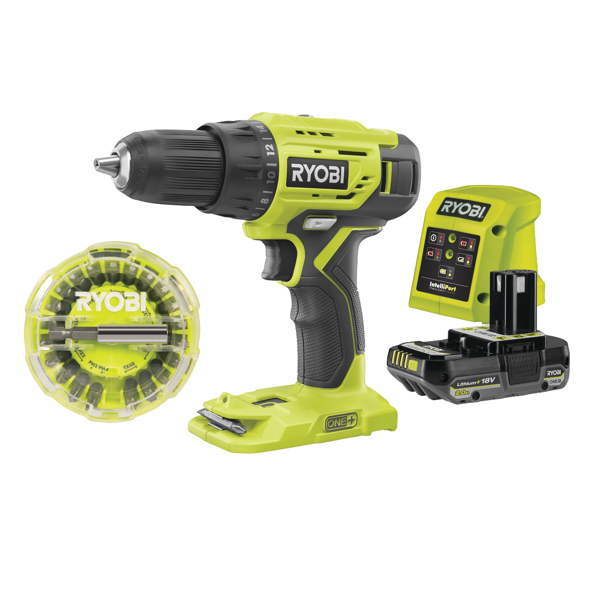 Ryobi R18DD4-1C20CO ONE+ 18V Bore-/skruemaskine med 2,0Ah batteri og lader