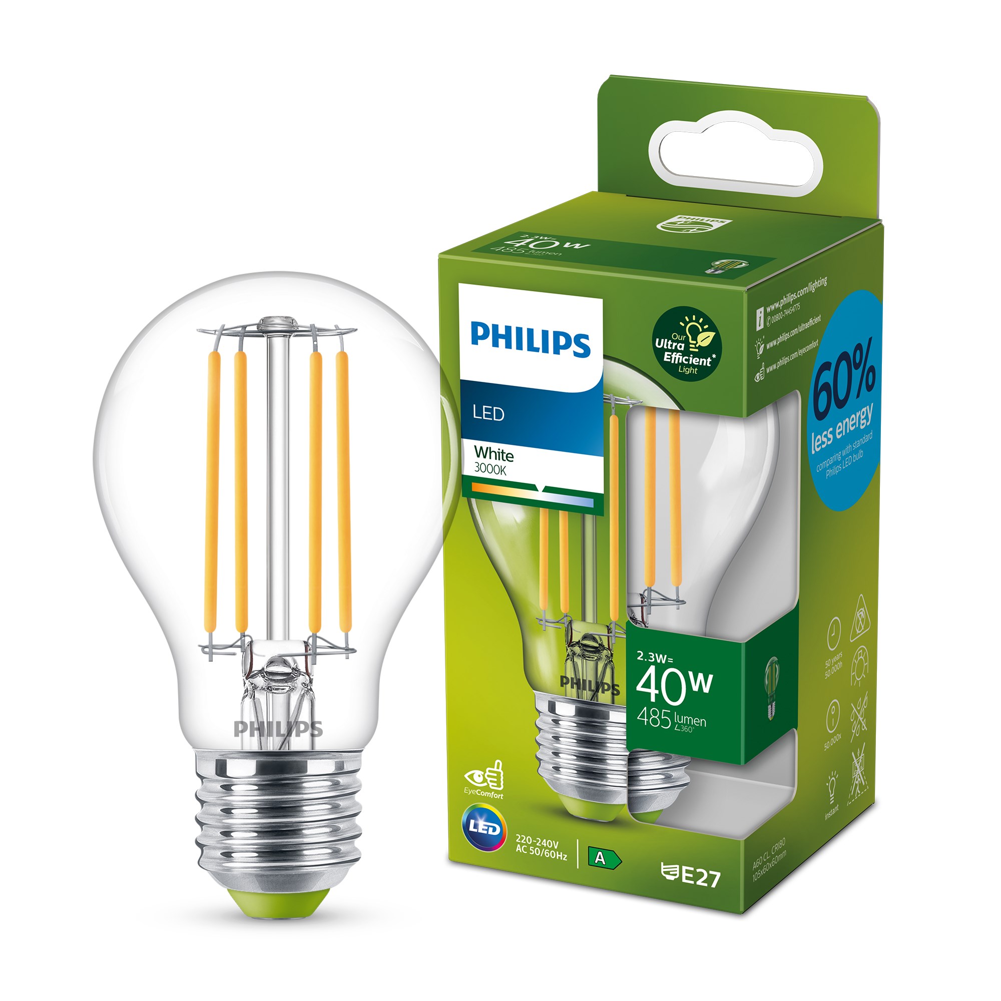 Philips E27 Utrolig Energibesparende LED Pære 2.3W A60 3000K 485lm