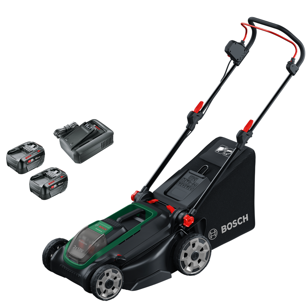 Bosch Rotak 18V2-43 Batteridrevet plæneklipper med 2 stk. 4,0Ah batteri, lader og ekstra kniv