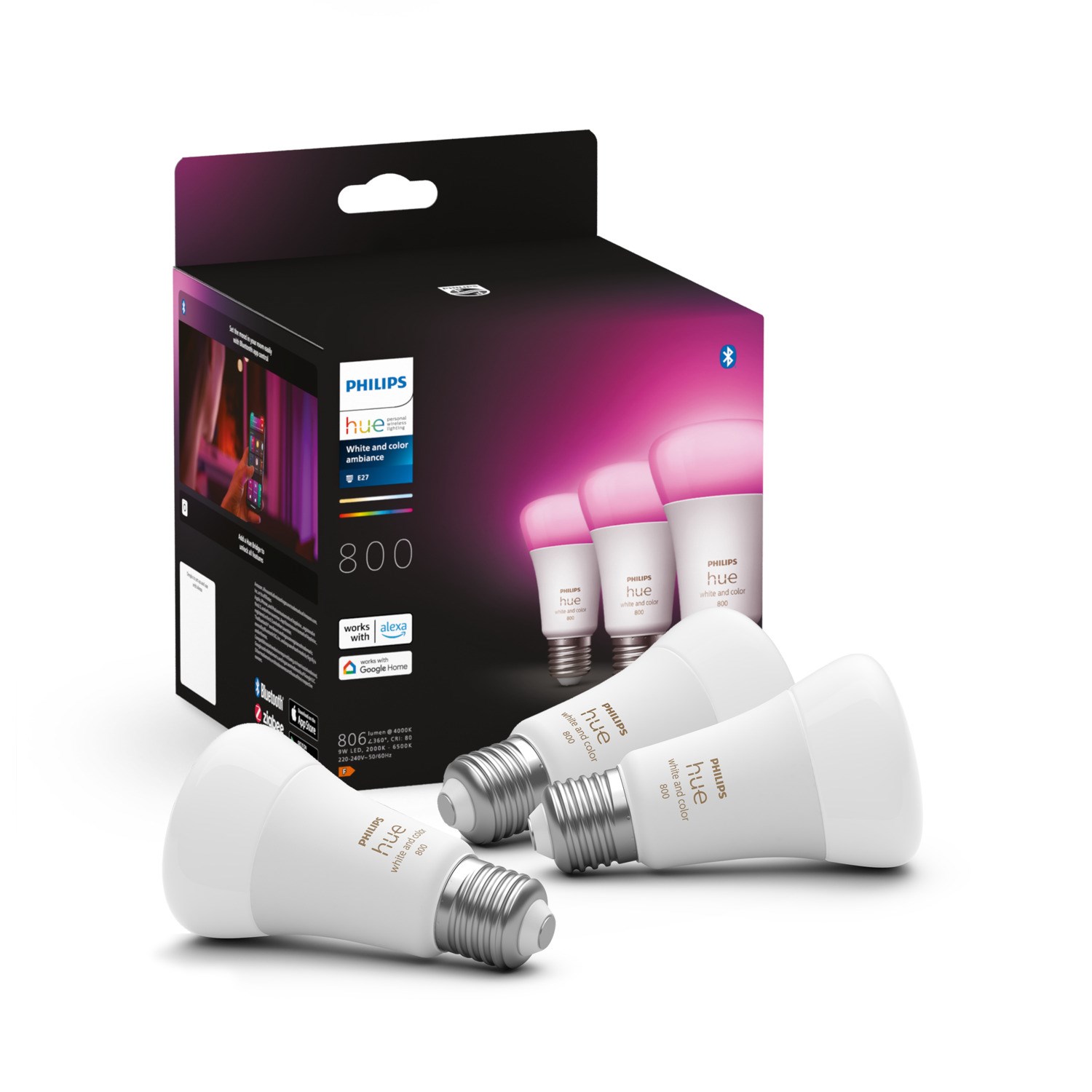 Philips Hue E27 BT White and Color Ambiance 800 lm pære 3-pak