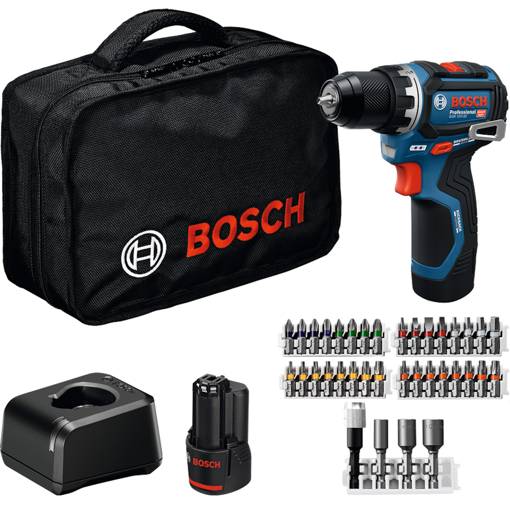 Bosch Professional GSR 12V-32 Bore-/skruemaskine med 2 stk. 2,0Ah batteri, lader, tilbehør og taske