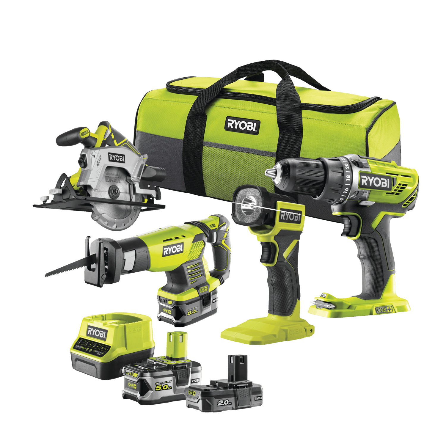 Ryobi RCK184-252S ONE+ 18V Kombisæt med 4 maskiner, 2 stk. batteri og lader