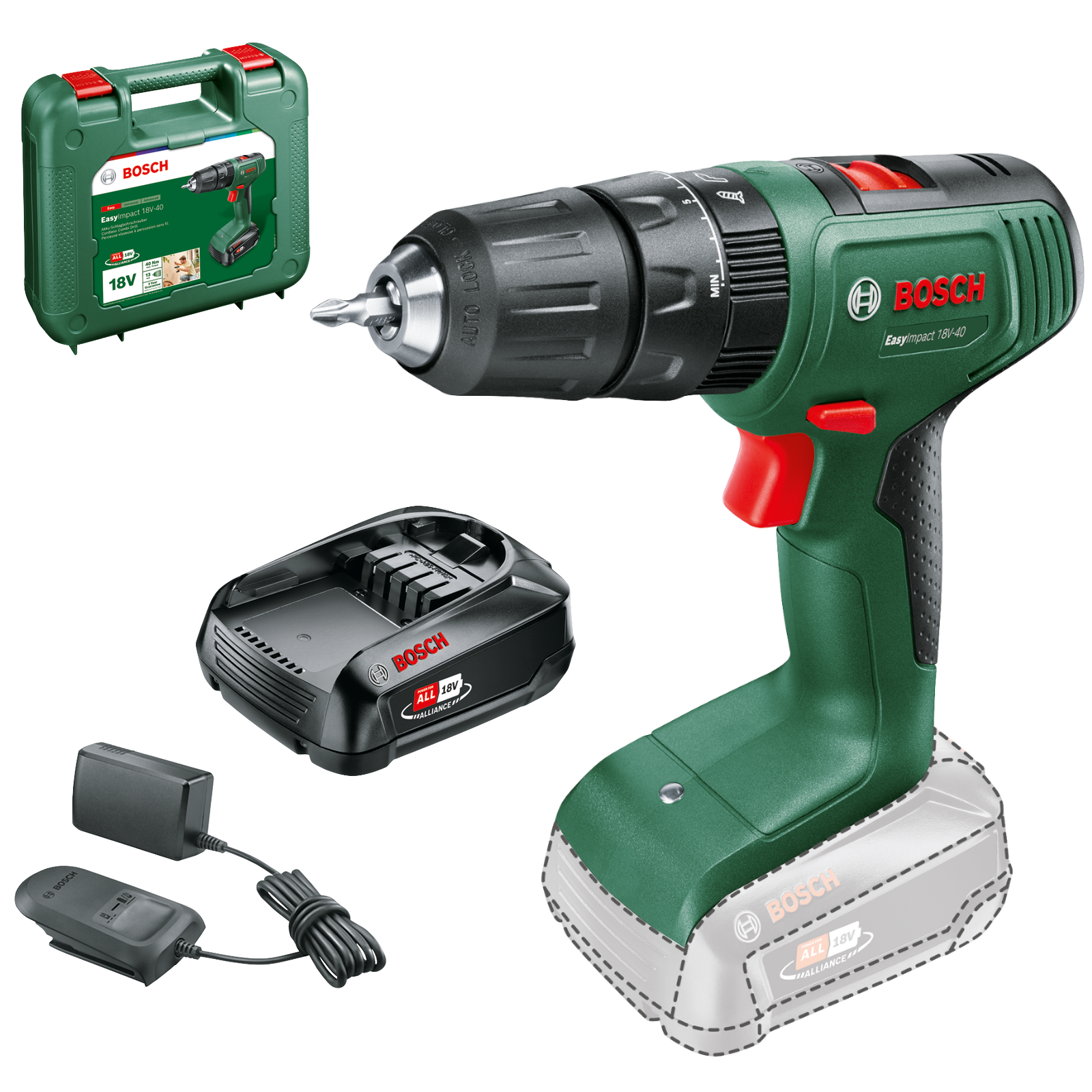 Bosch EasyImpact 18V-40 Slagbore-/skruemaskine med batteri, lader og transportkuffert