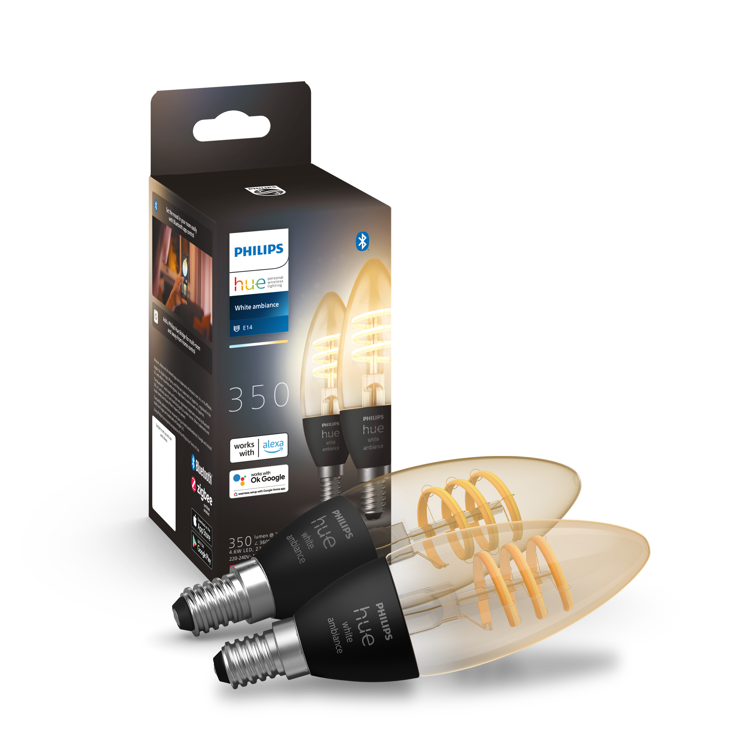 Philips Hue E14 BT Filament White Ambiance 350 lm pære 2-pak