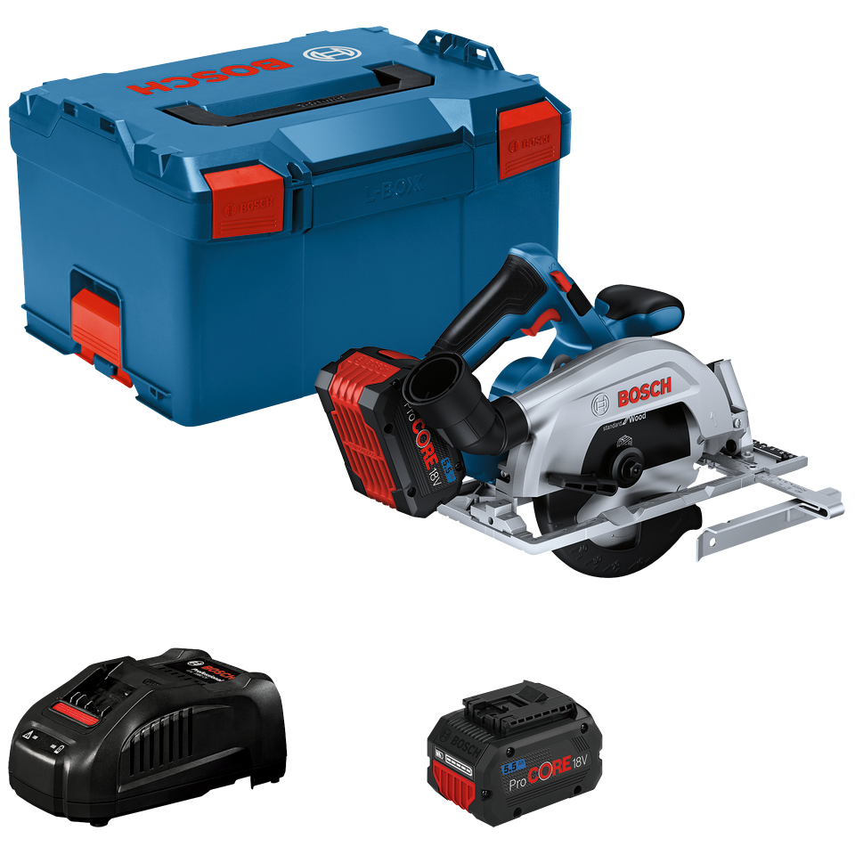 Bosch Professional GKS 18V-57-2 Rundsav med 2 stk. 5,5Ah ProCORE batteri, hurtiglader og L-BOXX 238