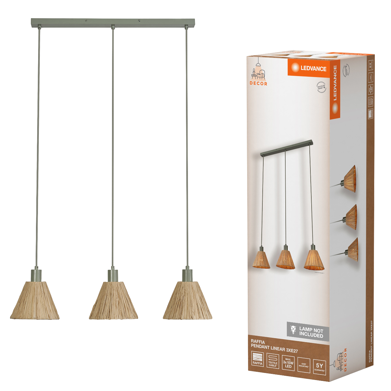 LEDVANCE Decor Raffia Pendel 3 i brun/grøn