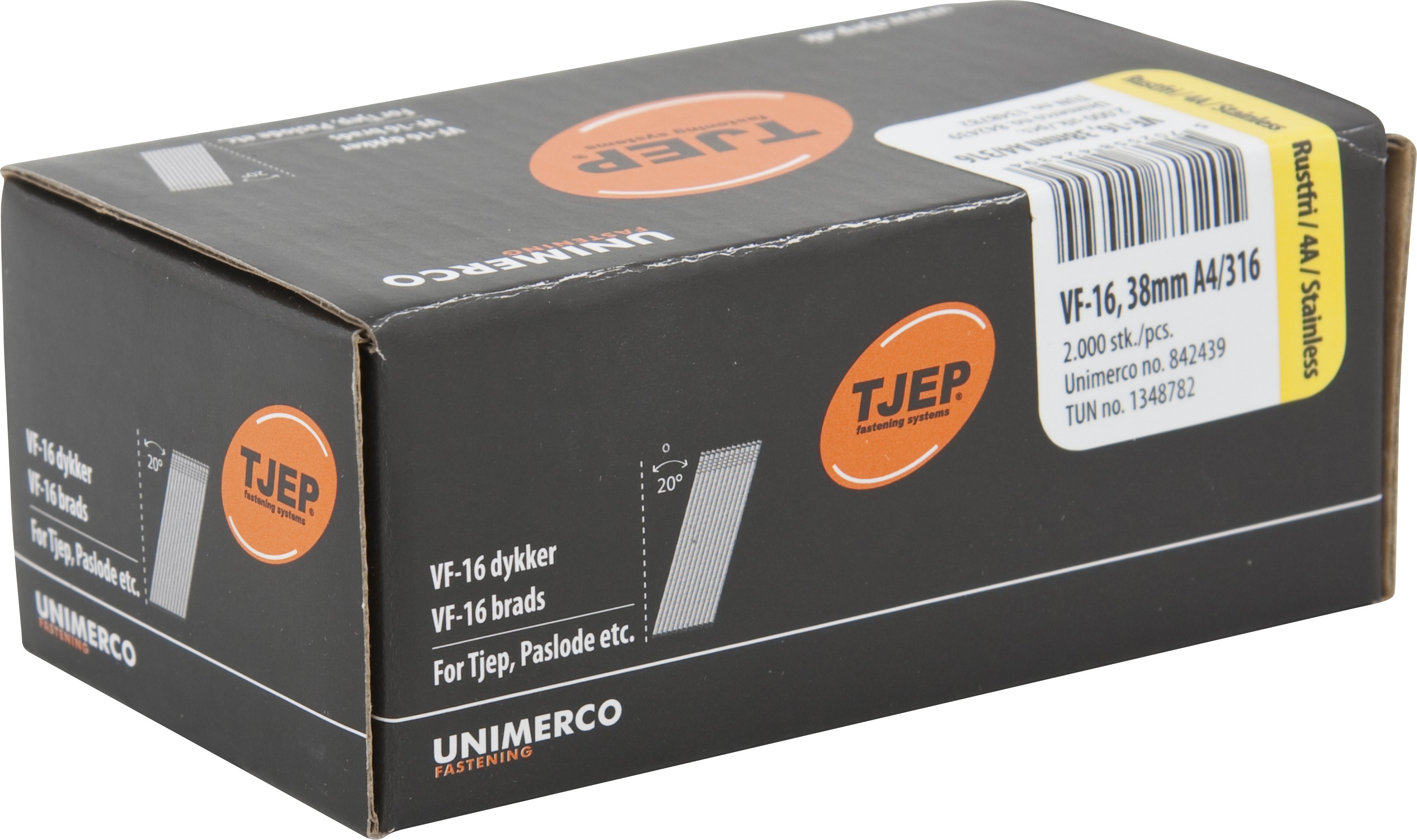 Tjep VF-16 Dykker 1,6x38mm rustfri stål A4, vinklet 20° - 2000 stk.