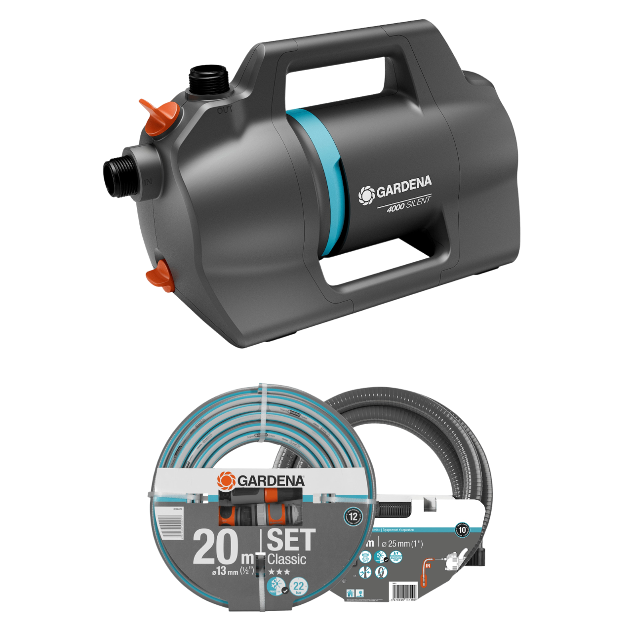 Gardena Silent 4100 Trykpumpe 550W med slange og sugeslangesæt