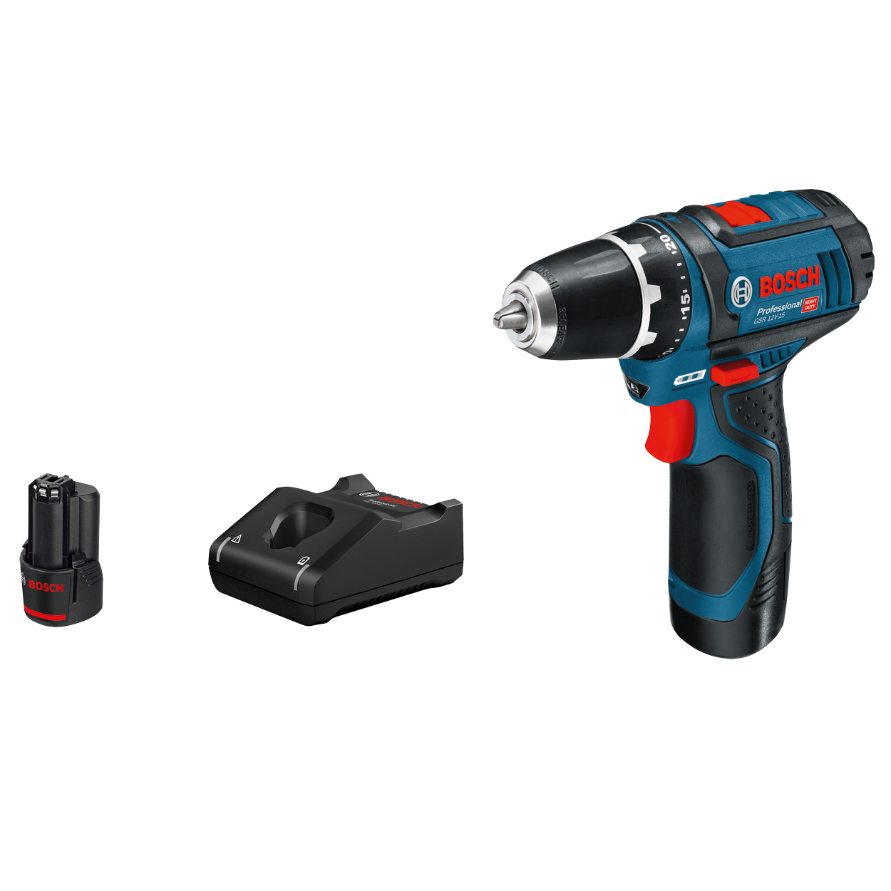 Bosch Professional GSR 12V-15 Bore-/skruemaskine med 2 stk. 2,0Ah batteri og hurtiglader