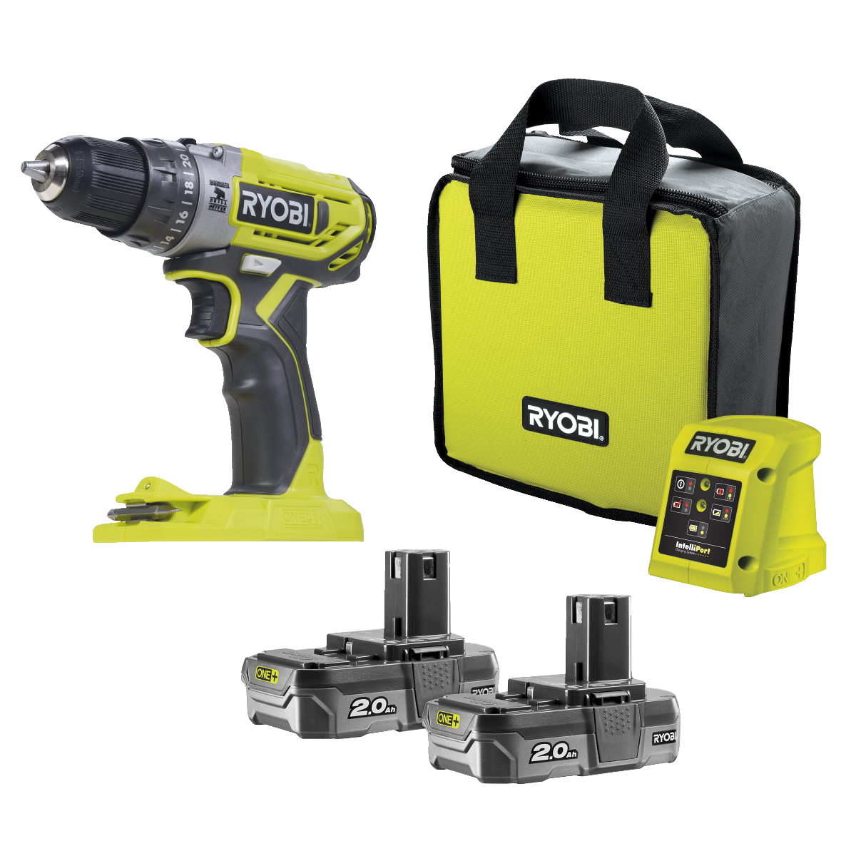 Ryobi R18PD2-220S ONE+ 18V Slagbore-/skruemaskine med 2 stk. 2,0Ah batteri og lader