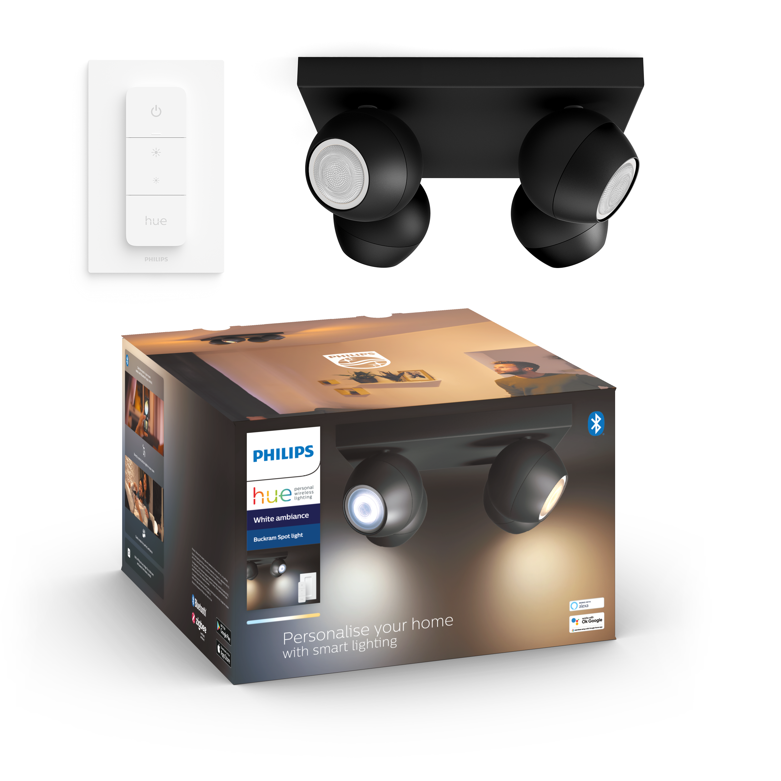 Philips Hue Buckram WA BT 4 Spots i sort med fjernbetjening